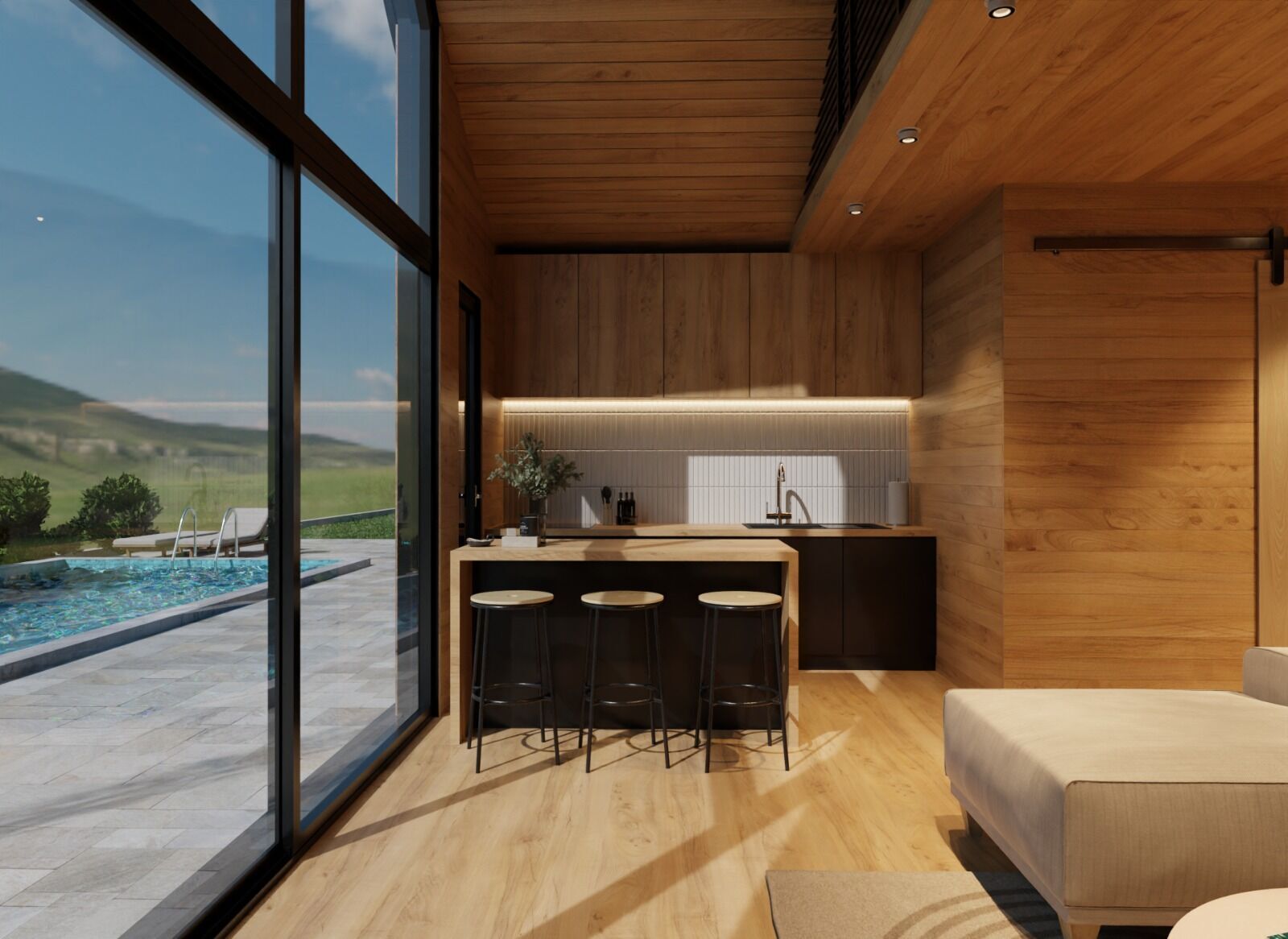 Luxurious villa kitchen with wooden finishes, bar stools, and scenic lake views.