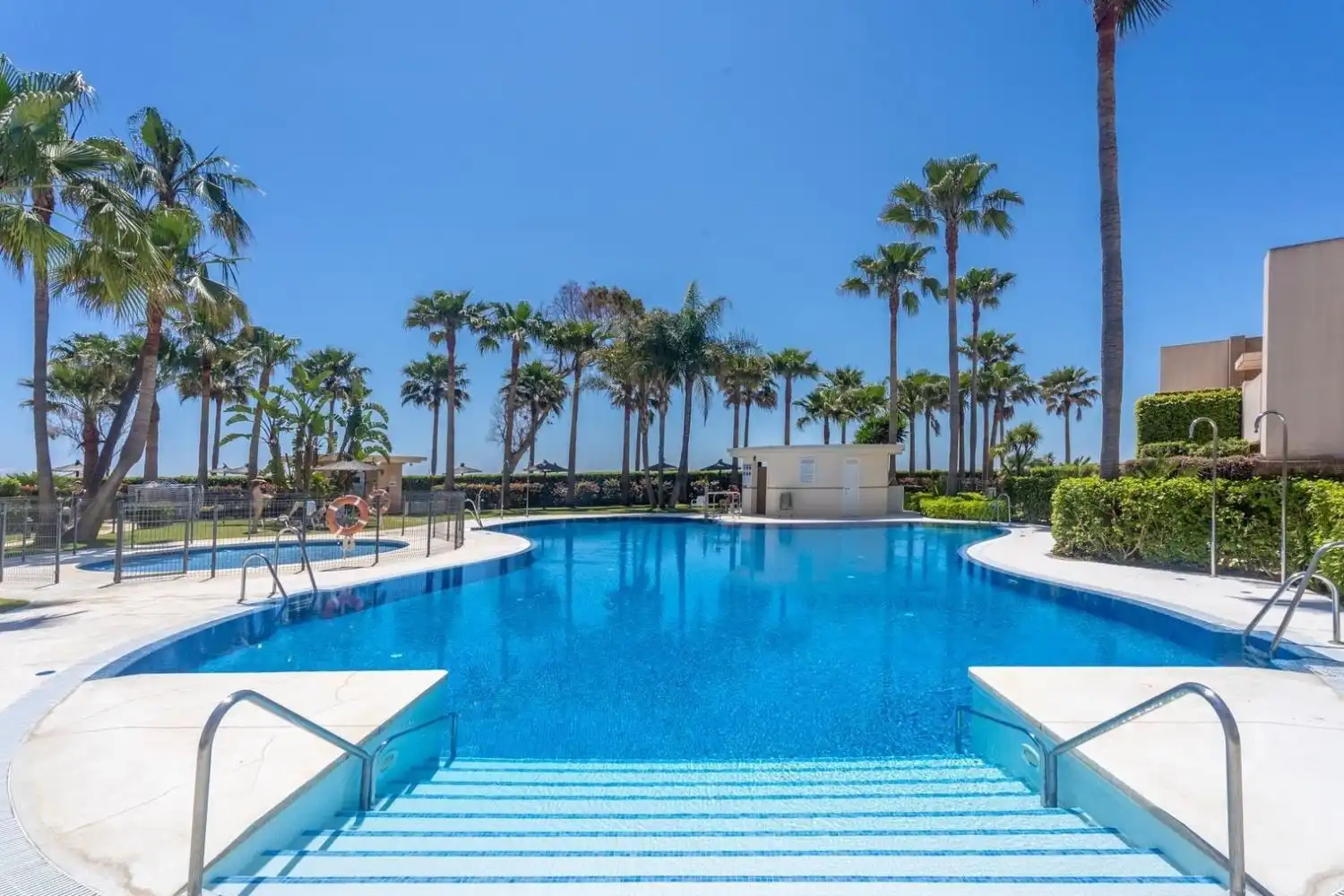 Luxury beachfront pool with palm trees at New Golden Mile Beachfront Duplex Penthouse.