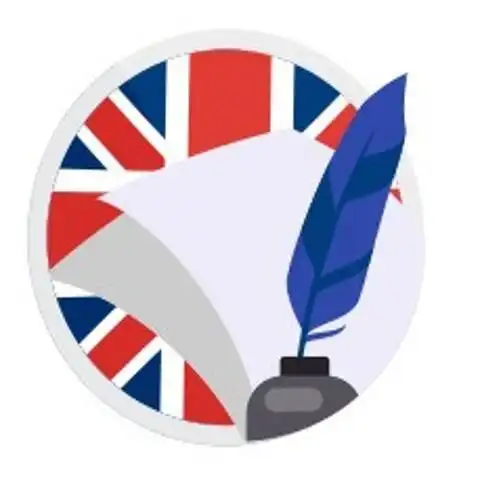 Logo featuring a quill and inkpot with a UK flag background.