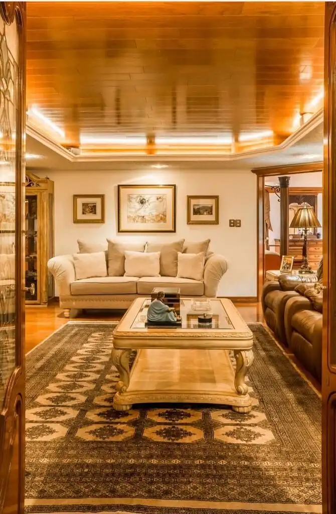 Elegant living room with comfortable sofa and wooden accents in Mexico City apartment.