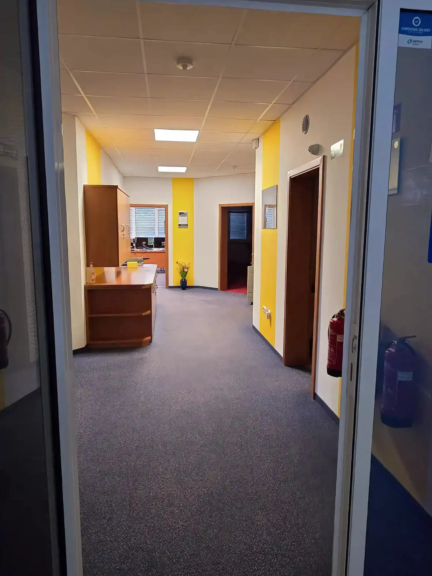 Modern office interior with bright yellow accents and functional layout in Rogatec.