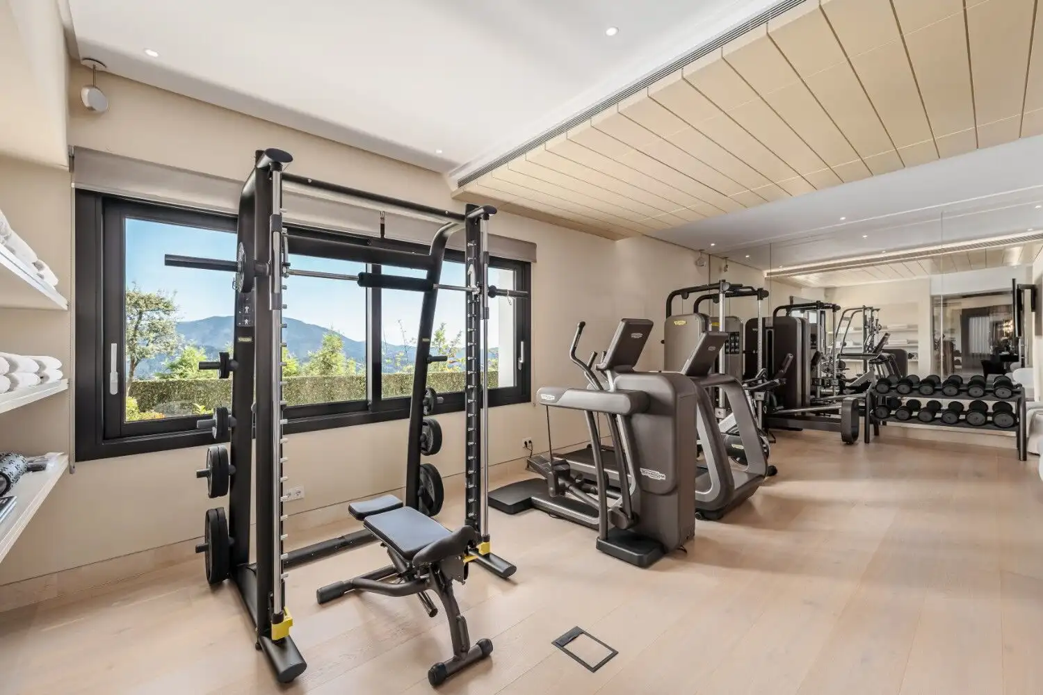 Modern gym inside a luxury mansion with panoramic mountain views in La Zagaleta Benahavis.