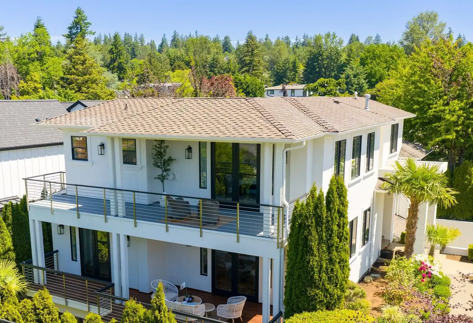 Elegant custom luxury home overlooking serene lake views.