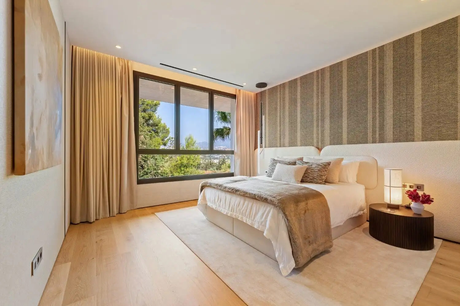 Luxurious Skyvilla bedroom with Fendi Casa furnishings in Marbella Golden Mile.