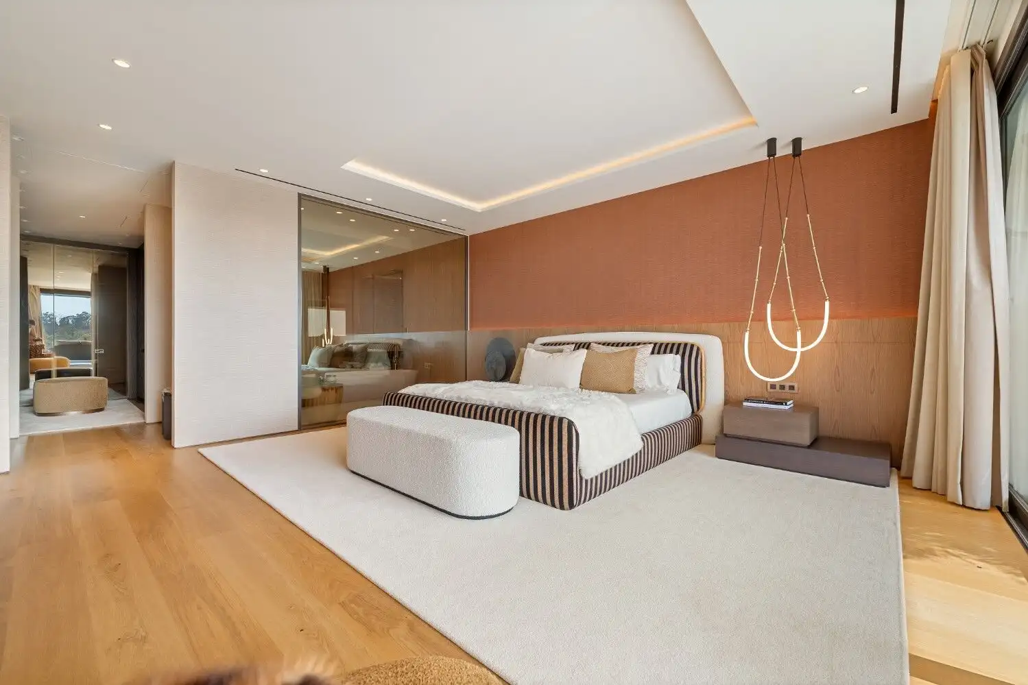 Luxurious Skyvilla bedroom in Marbella Golden Mile featuring Fendi Casa furniture and modern decor.