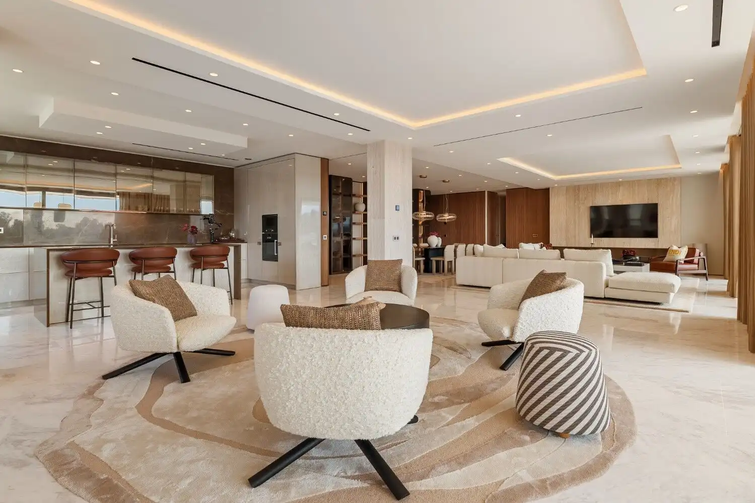 Luxury Skyvilla living room with modern furnishings and panoramic views in Marbella Golden Mile.