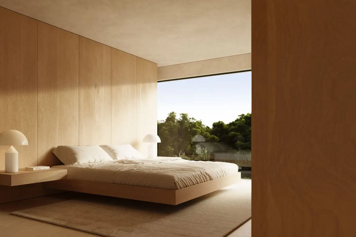 Modern and minimalist bedroom with large window and natural light in Sotogrande.