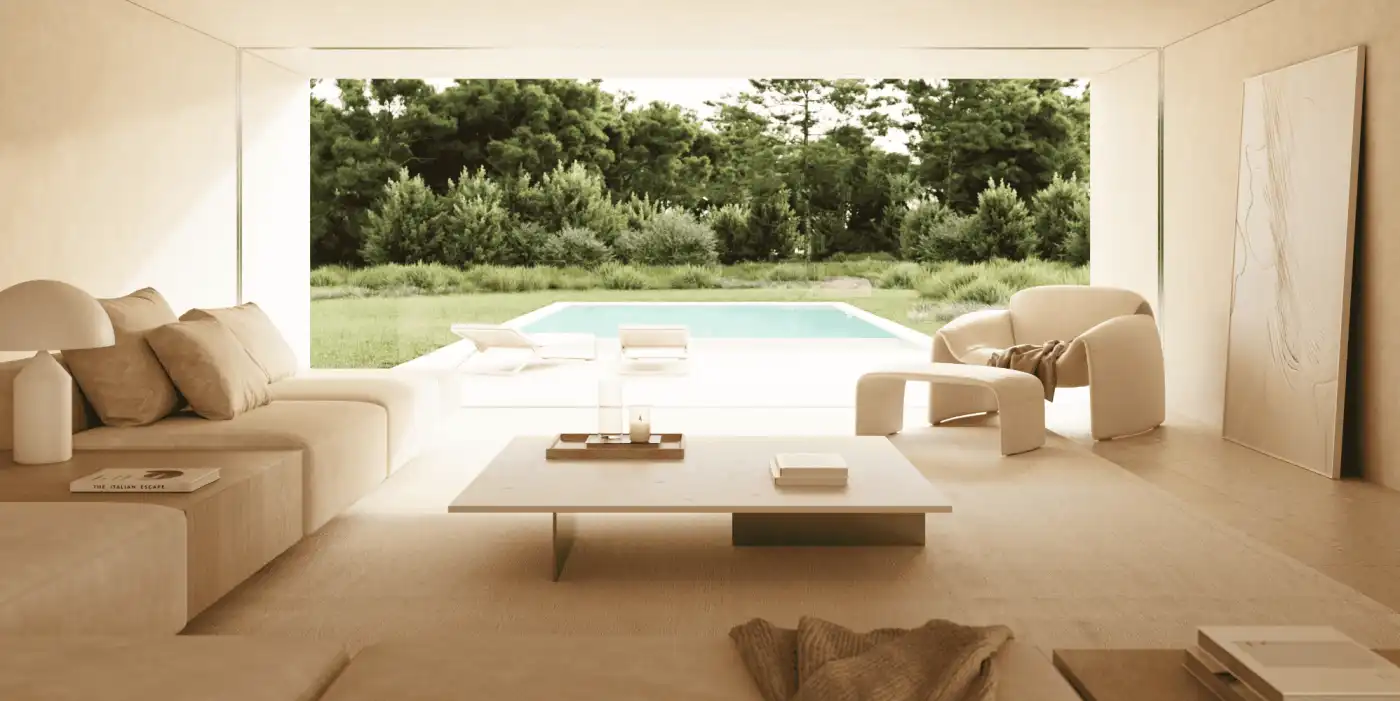 Modern villa with pool and spacious living area overlooking lush greenery in Sotogrande.