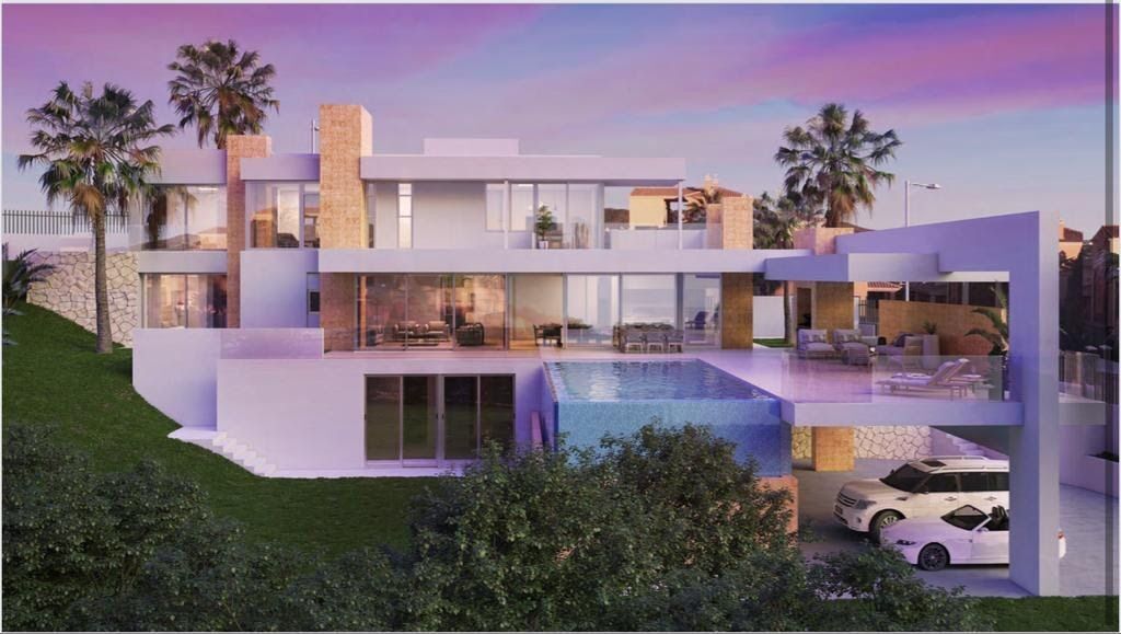 Modern villa with sea views, pool, and spacious terraces in Elviria.