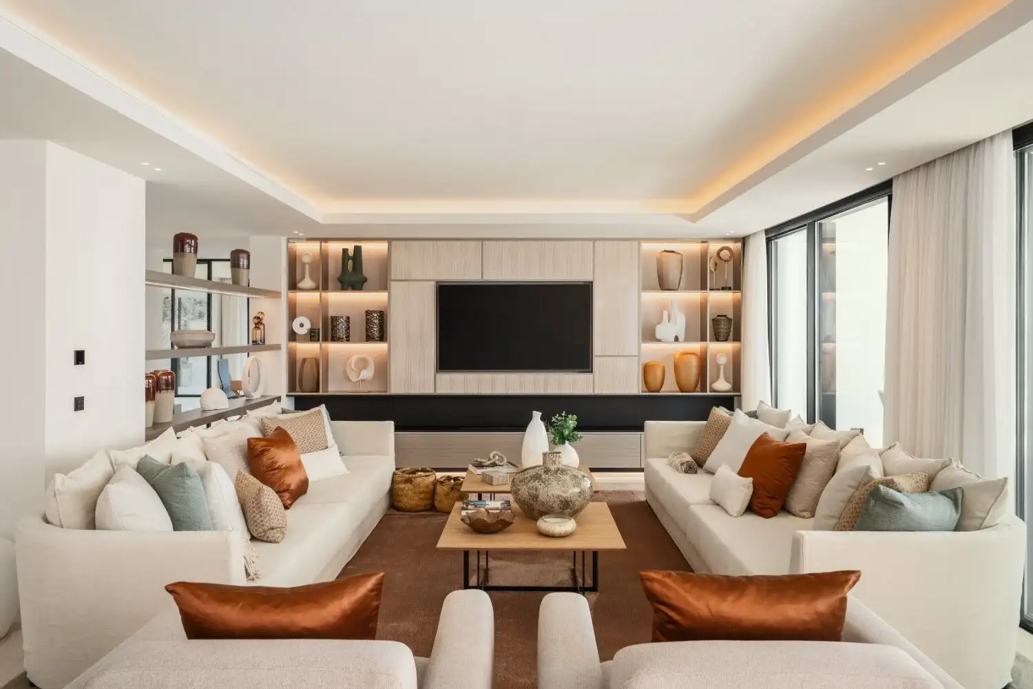 Elegant living room featuring contemporary furniture and stylish decor for a luxurious home experien.