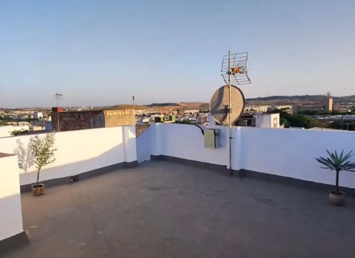 Outdoor rooftop terrace with satellite dish and potted plants in Torresoto.