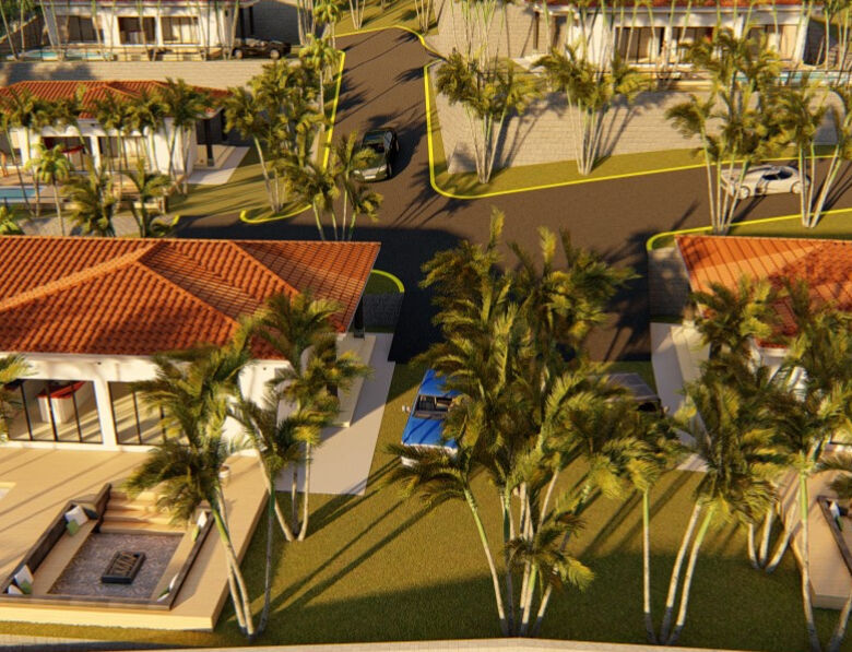 Land for sale in San Juan Del Sur with pool and lush landscaping.