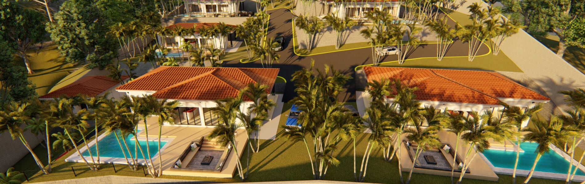 Land for sale in San Juan Del Sur with pool and lush landscaping.