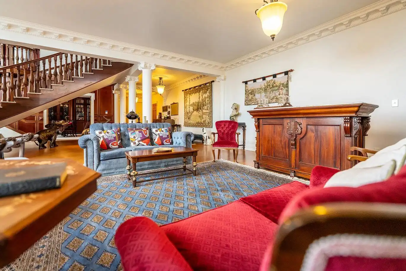 Elegant living room in a luxury château for sale in Ngararatunua, New Zealand.