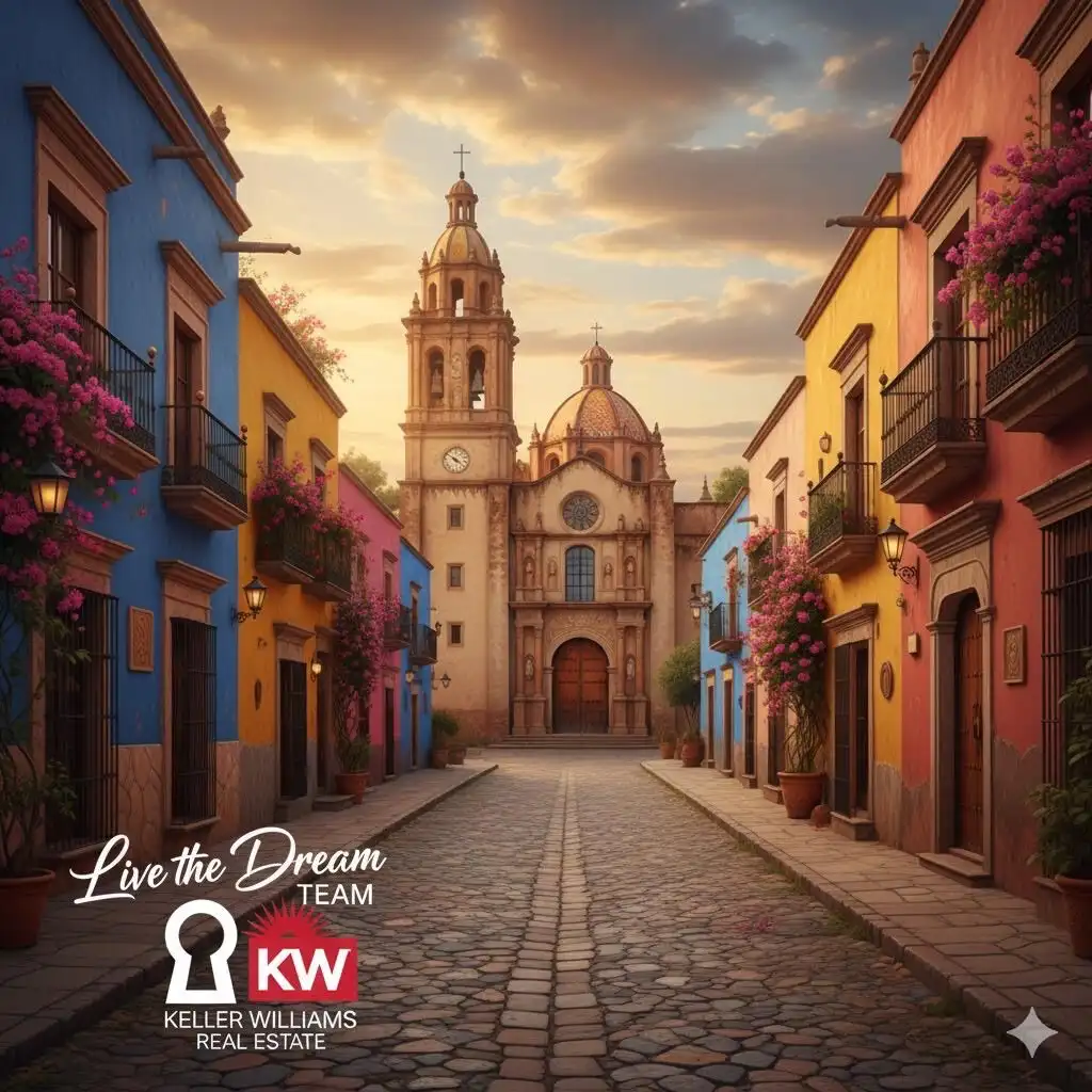 Vibrant colonial street in San Miguel de Allende featuring a historic church at sunset.