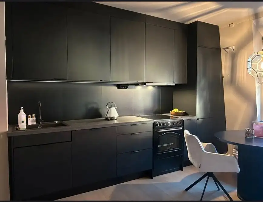 Renovated apartment kitchen in Rjukan near Gaustatoppen and UNESCO World Heritage site.