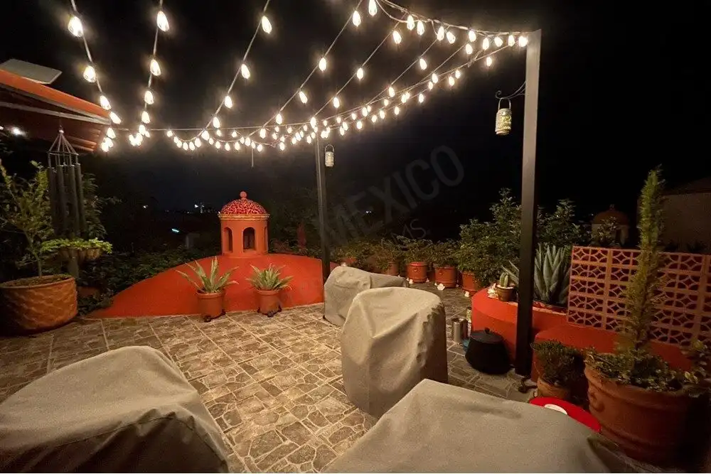 Beautiful outdoor terrace with string lights in Rancho Los Labradores, San Miguel de Allende. Perfec.
