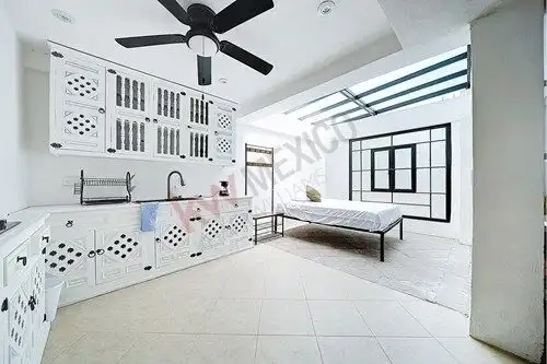 Bright bedroom in San Miguel de Allende featuring a skylight, white walls, and contemporary furnishi.