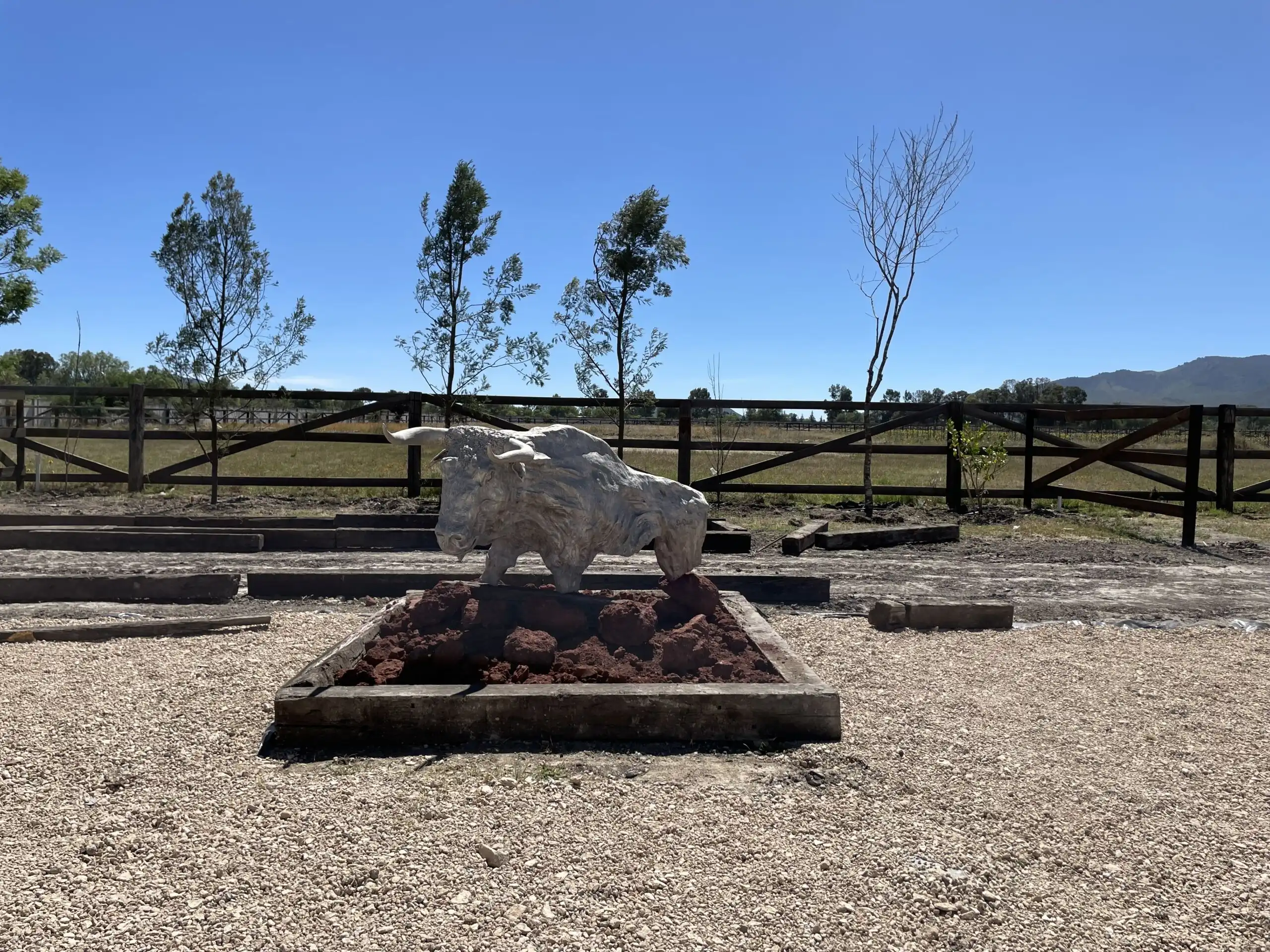 Elegant stone sculpture of a bison at Casa Renacer estate in San Miguel de Allende.