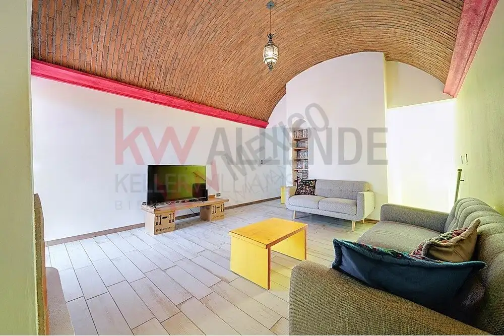 Charming Colonial Living Room Style living room with high vaulted brick ceiling and modern furniture. Bright, inviting space on Av.