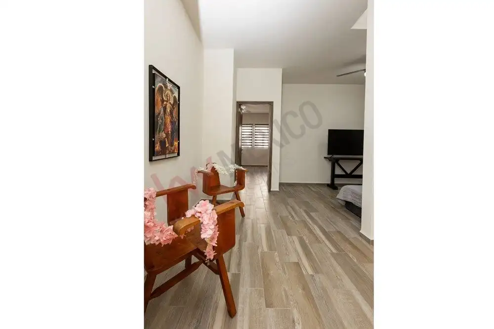Modern living room with elegant decor and wooden flooring in La Condesa property.
