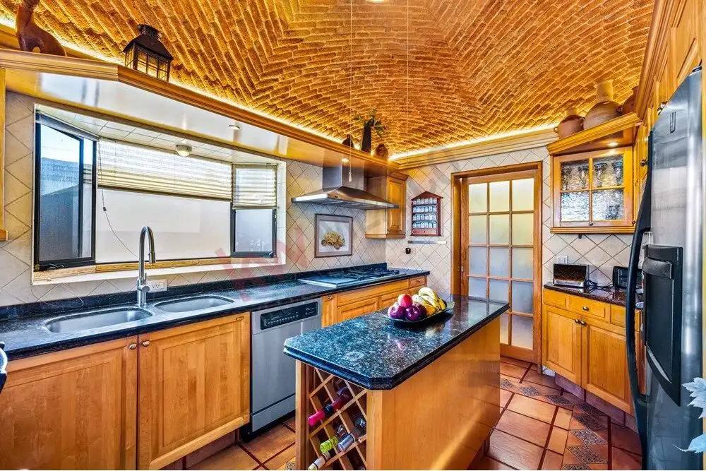 Bright kitchen featuring a brick vaulted ceiling and modern appliances in San Miguel de Allende.