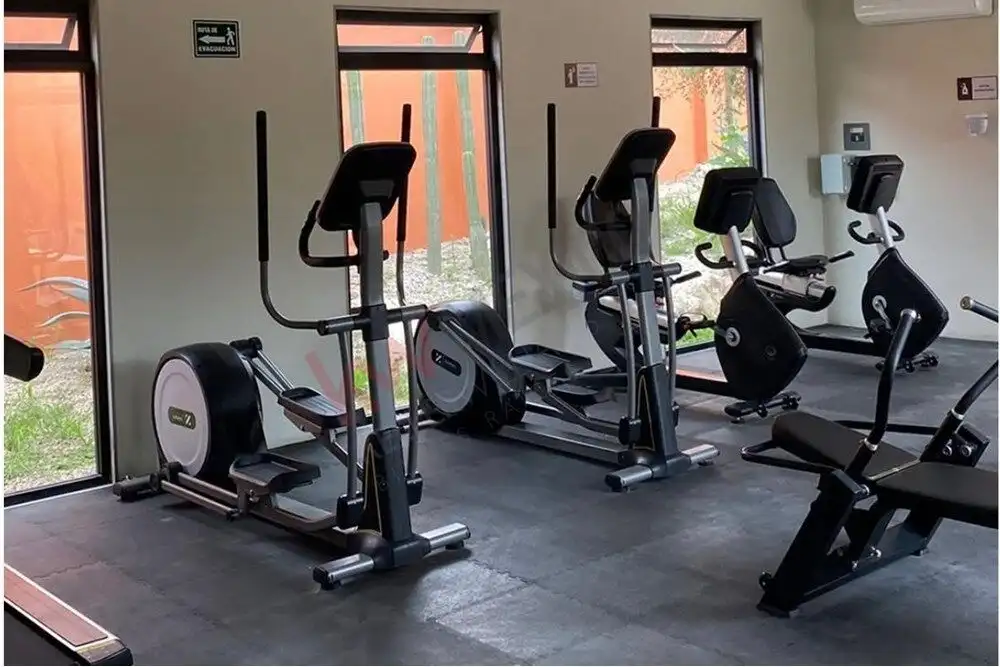 Gym equipment in a modern fitness room with large windows.