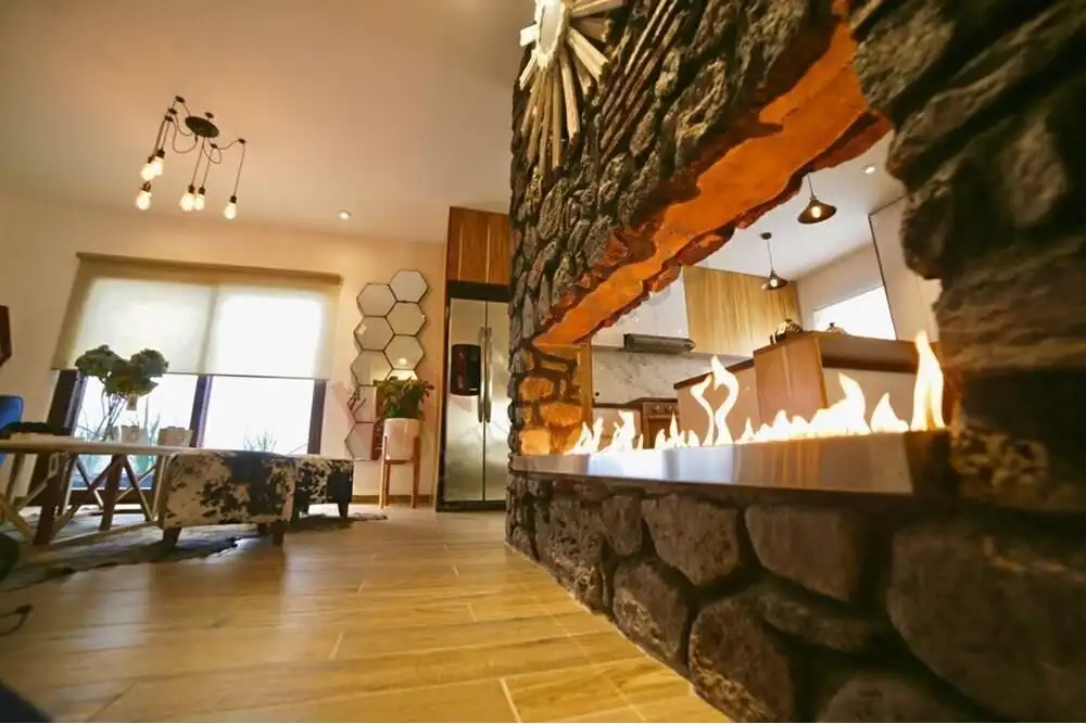 Cozy living room with modern fireplace and stylish decor in San Miguel de Allende.