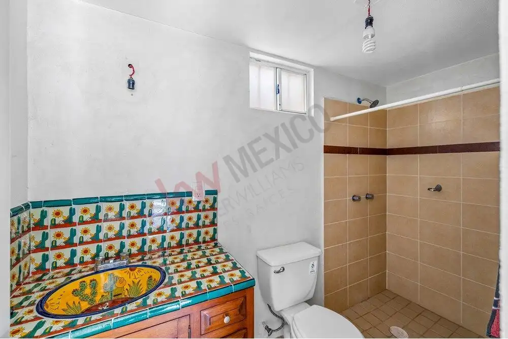 Simple bathroom with shower, toilet, and colorful sink in a small home.