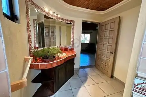 Entrance hall with mirror and plant in Rancho Los Labradores villa, San Miguel de Allende.