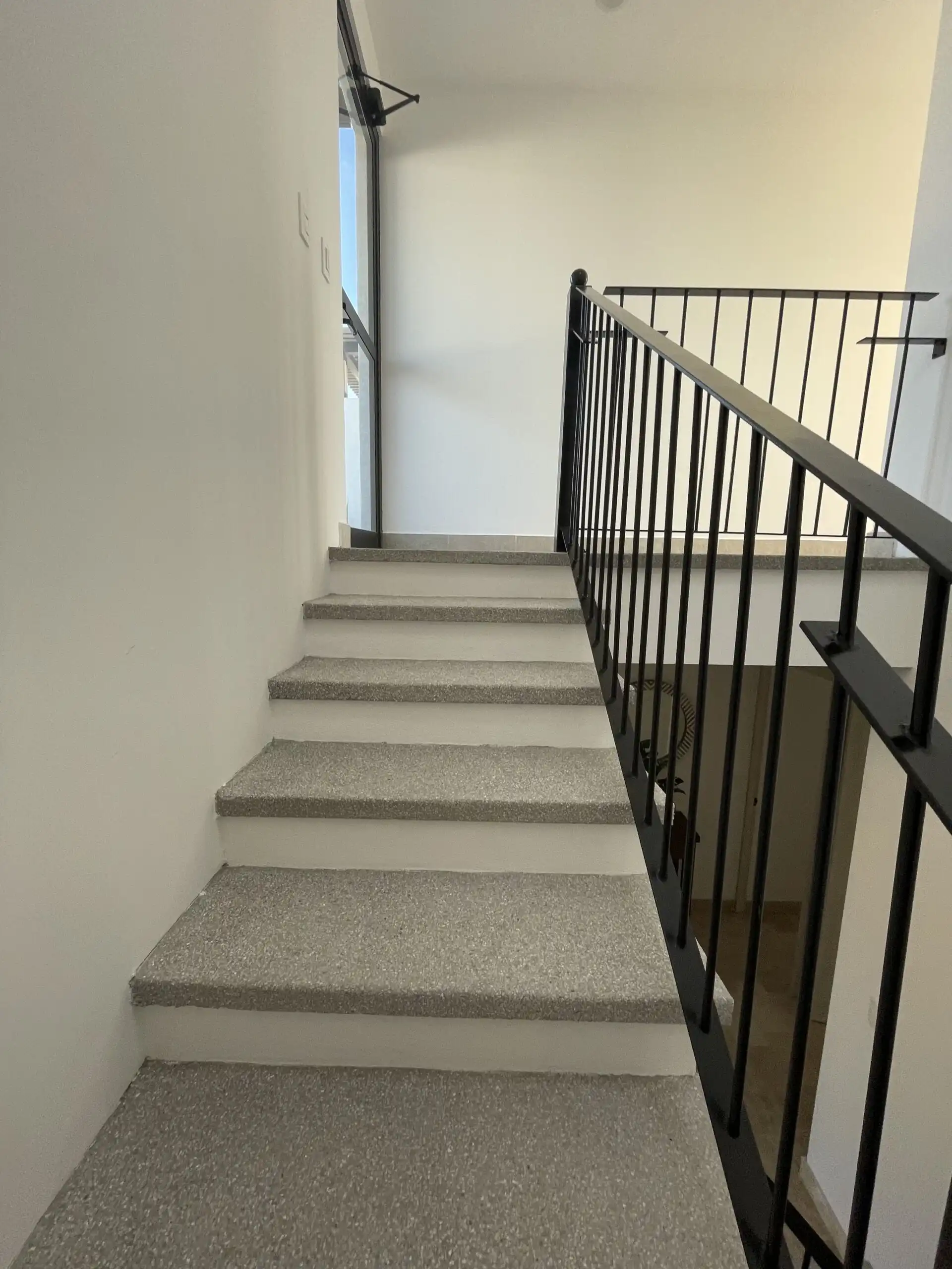 Luxury Home Staircase in La Luminaria Elegant staircase with gray carpet and black metal railing in a modern home.