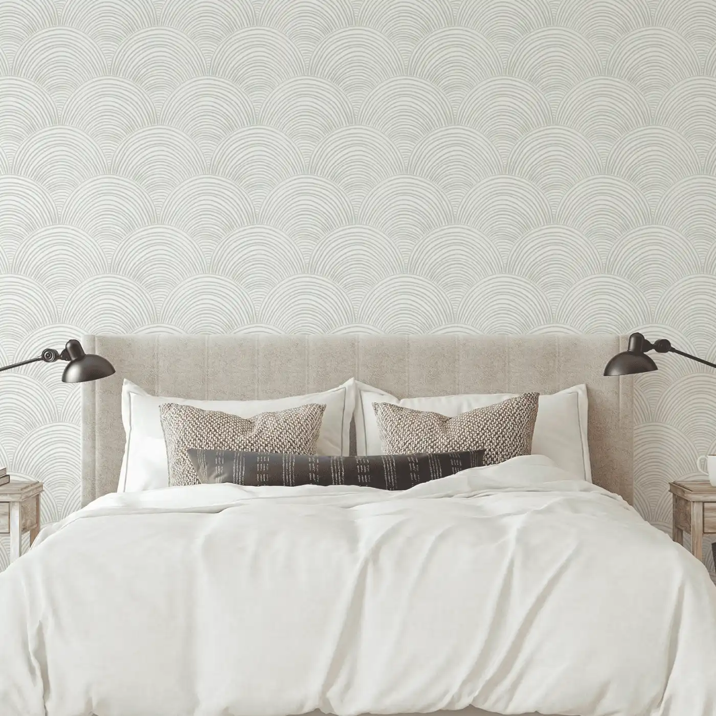 Cozy bedroom featuring removable wallpaper with desert-inspired design and neutral tones.