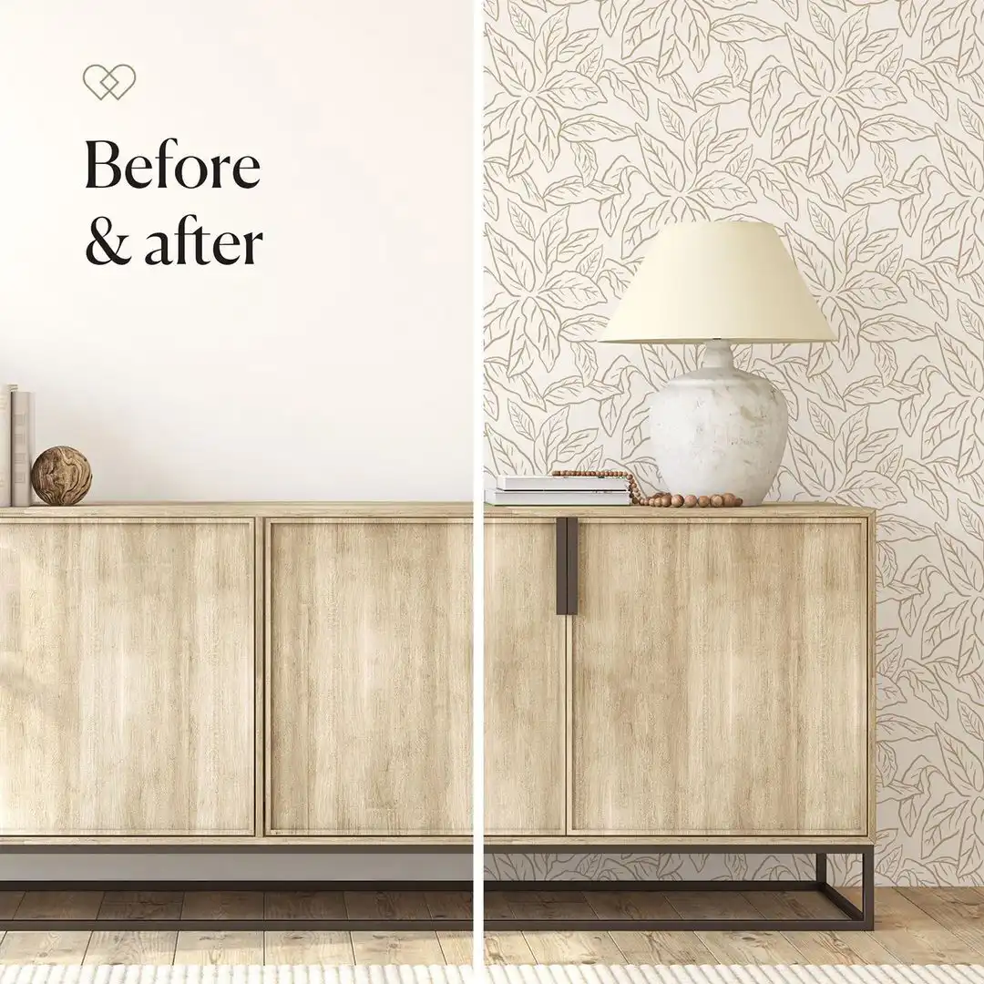 Removable wallpaper with desert-inspired leaf pattern for stylish interior updates.