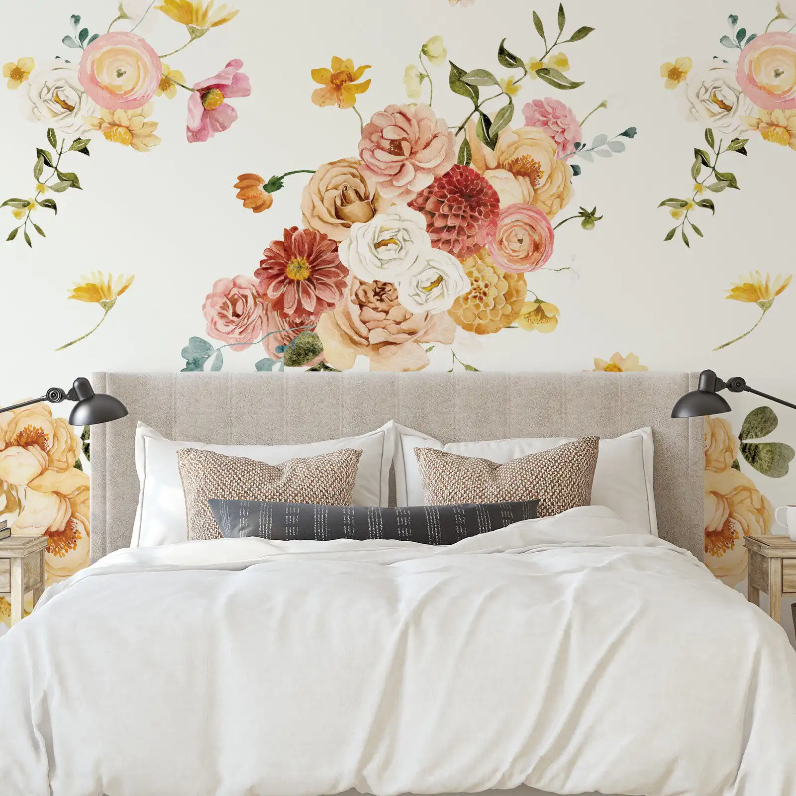 Elegant bedroom with floral wallpaper featuring large roses and blossoms.