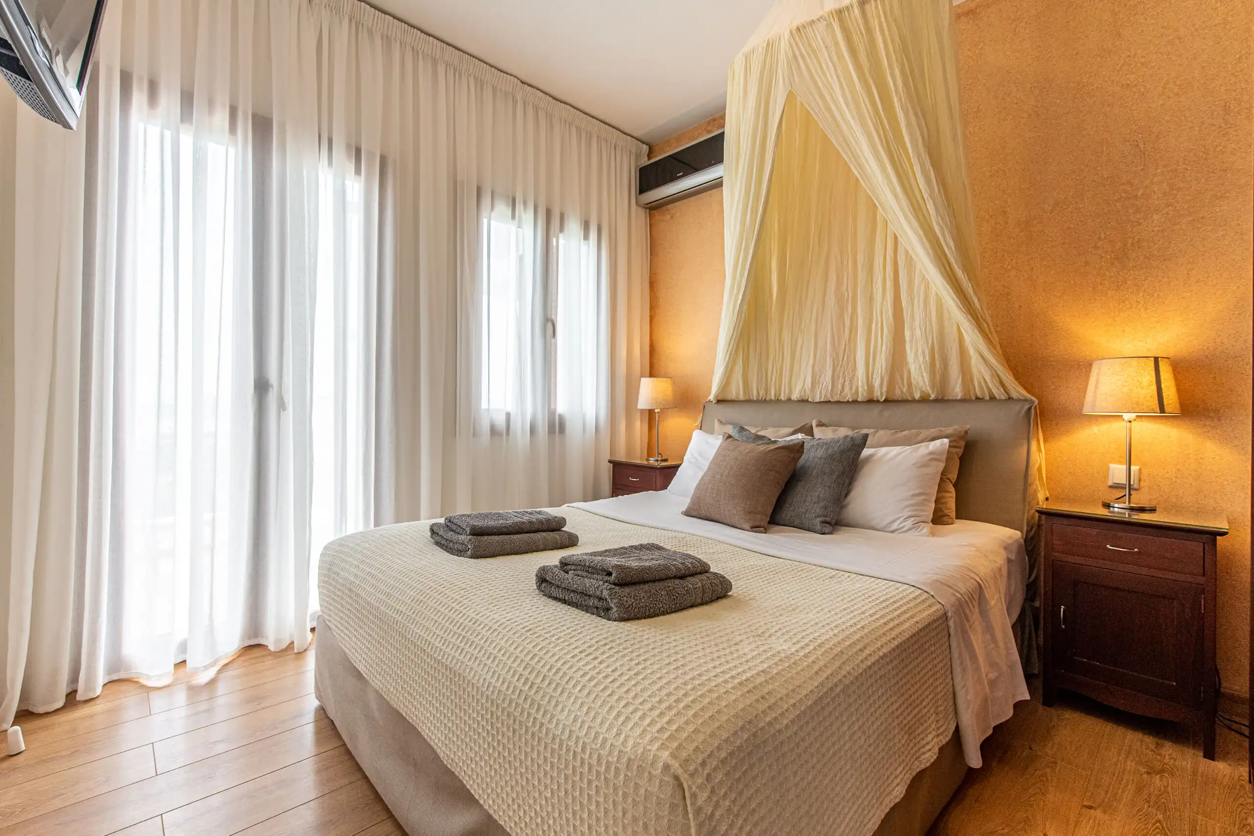 View bedroom in luxury villa complex in Skiathos, Greece.