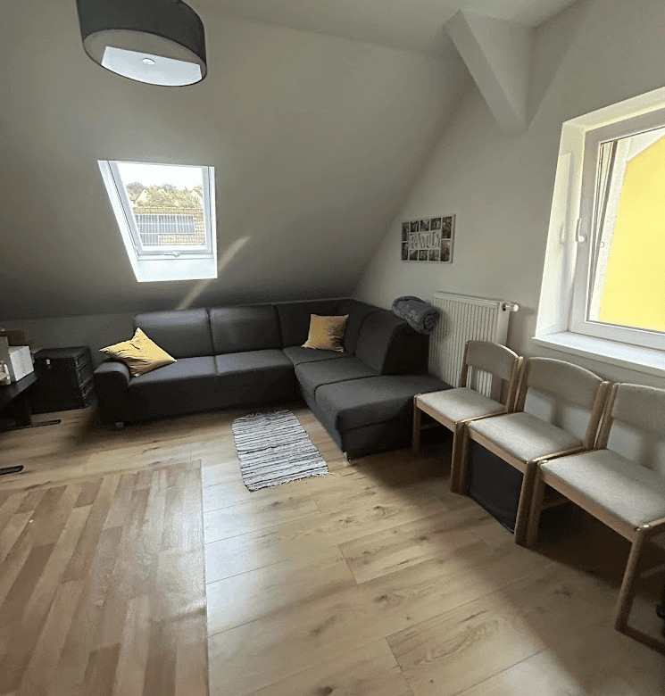 Apartment interior with modern seating and natural light.