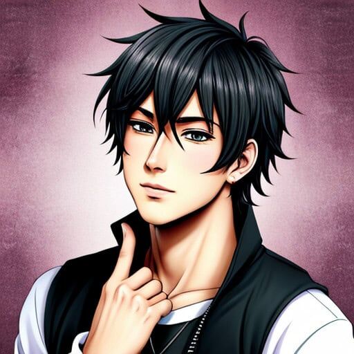 Anime male character with black hair and stylish outfit.