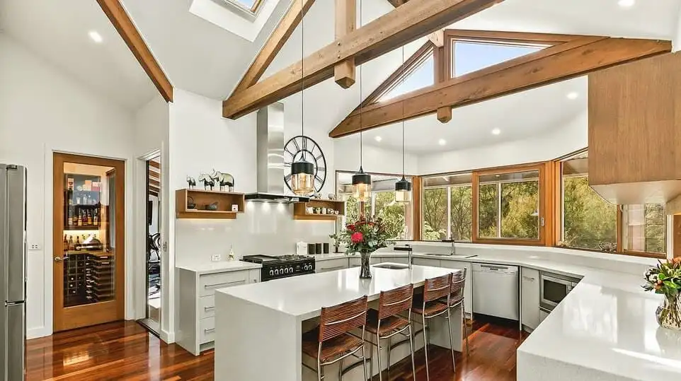Spacious kitchen of a luxury equestrian estate in Flowerdale Vic with modern design and natural ligh.