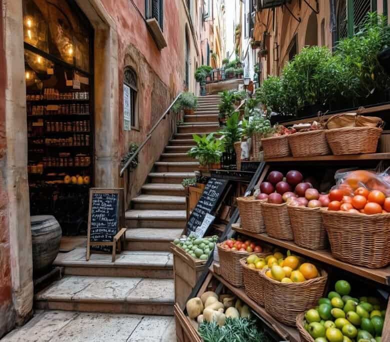 Vibrant outdoor market on a narrow Italian street with baskets of fresh fruits and vegetables.
