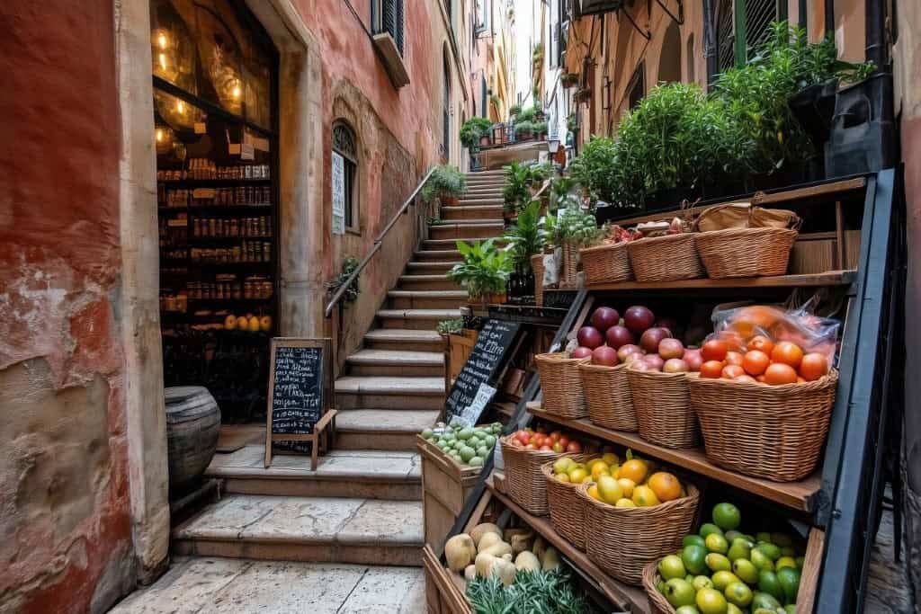 Charming Italian Street with Fresh Produce Vibrant outdoor market on a narrow Italian street with baskets of fresh fruits and vegetables.