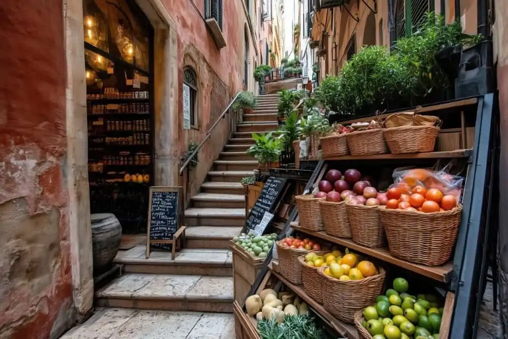 Vibrant outdoor market on a narrow Italian street with baskets of fresh fruits and vegetables.
