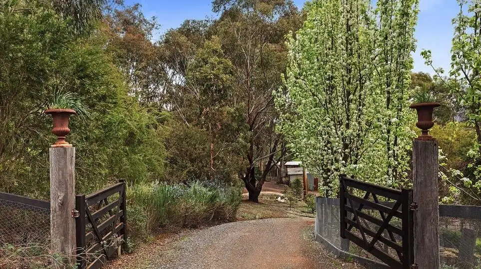 Elegant entrance to a luxurious 6-bedroom equestrian estate in Flowerdale, Victoria. Perfect for hor.