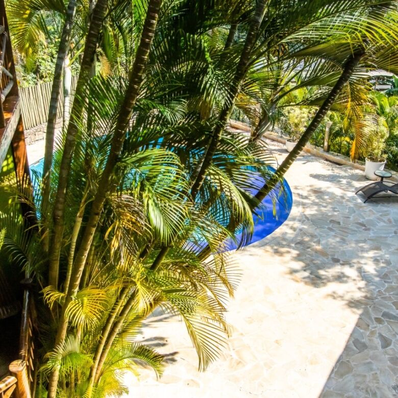 Boutique hotel for sale in Ilhabela surrounded by lush tropical greenery and outdoor pool area.