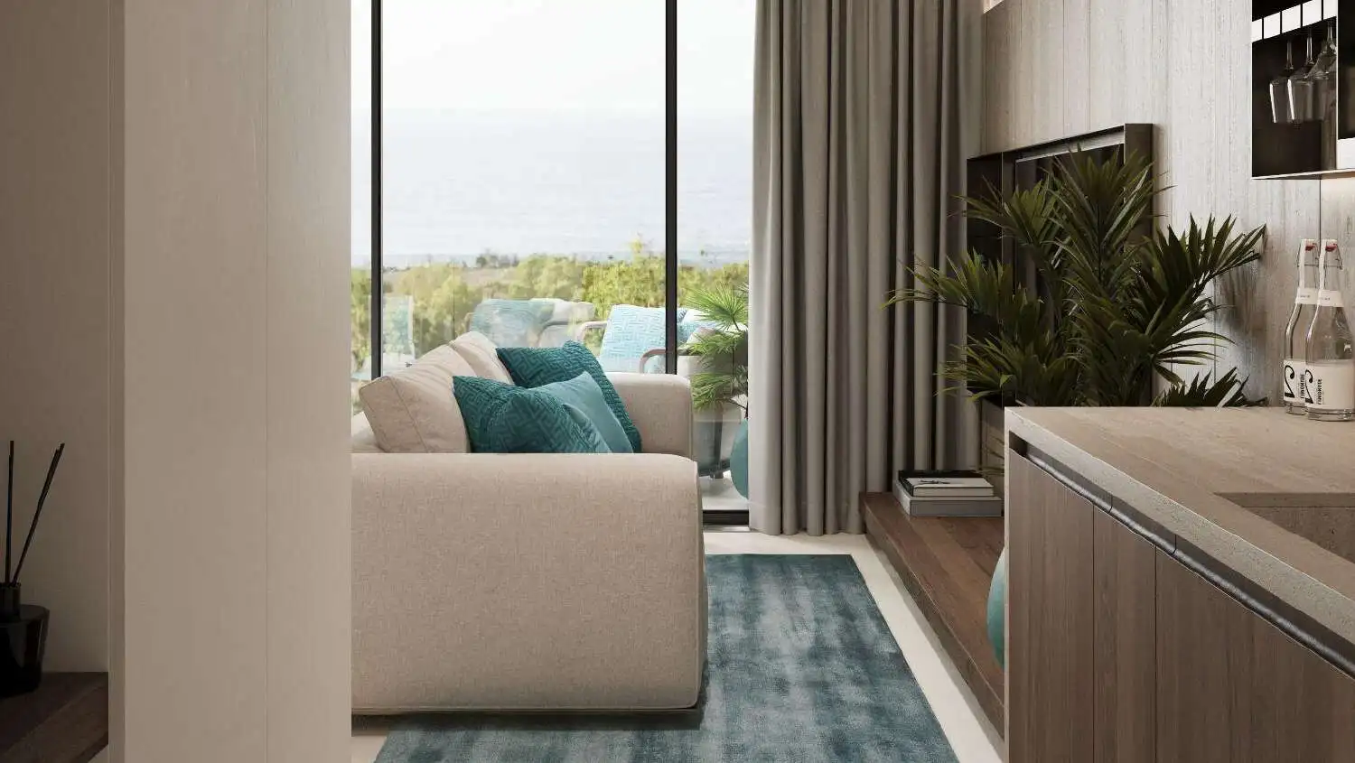 Modern Bali apartment living room with sea view, featuring a cozy sofa, large windows, and lush gree.