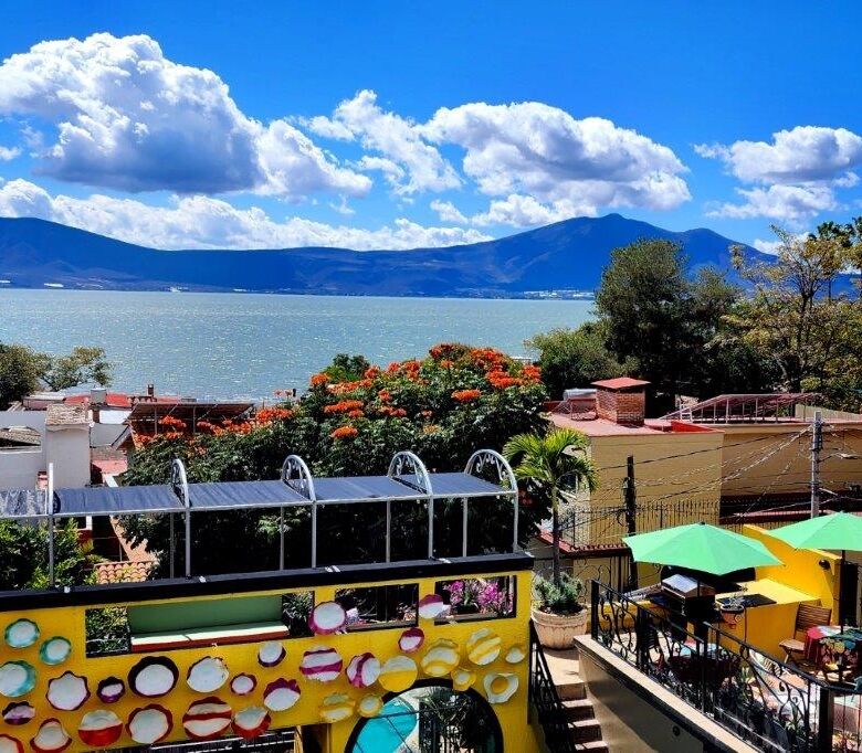 Villa with lake views in Ajijic, Mexico, featuring a vibrant outdoor terrace and colorful decor.