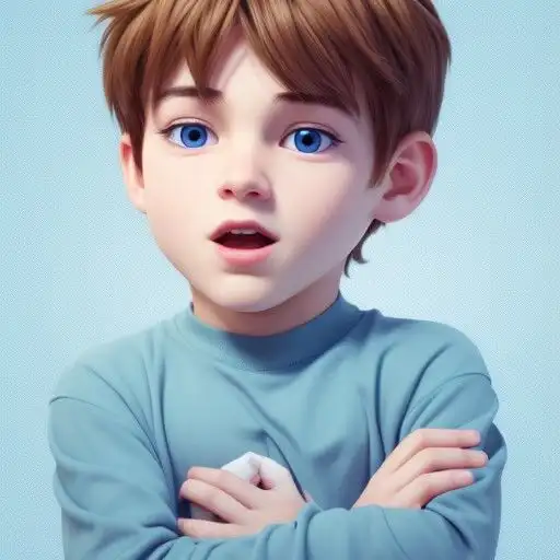 Child with blue eyes and surprised expression, wearing a light blue shirt.