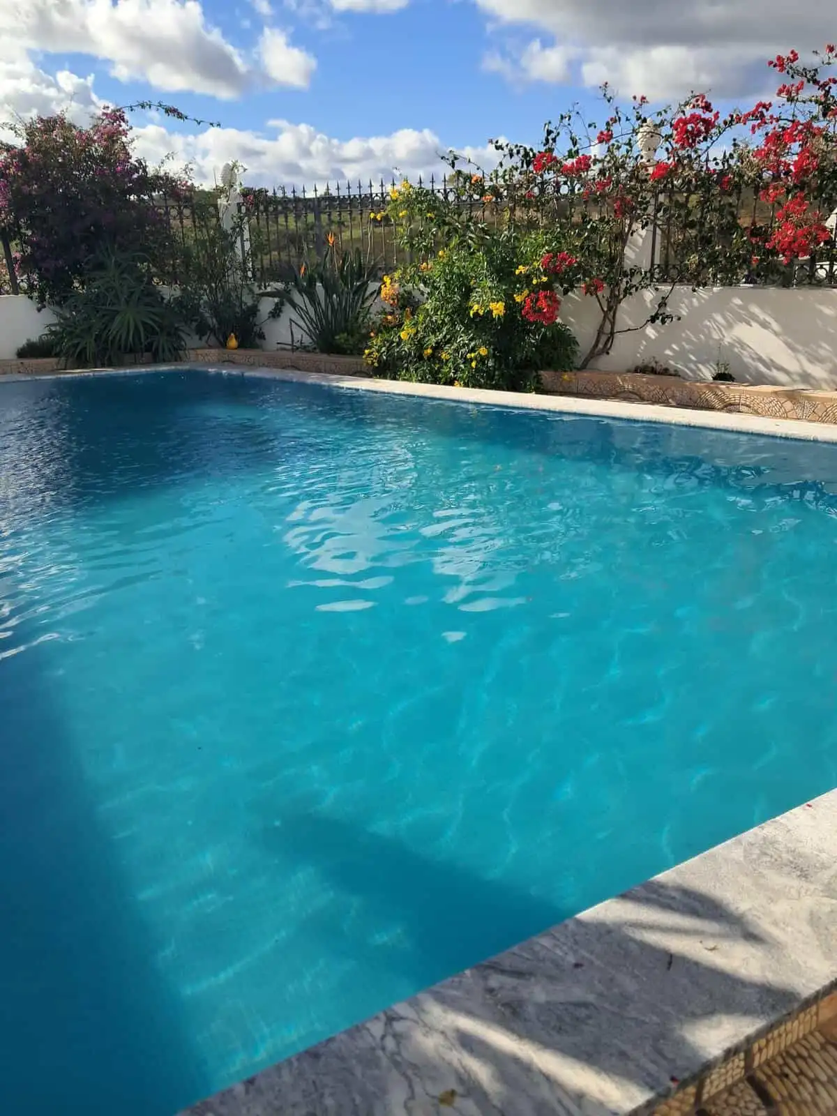 Pool view of a modern villa in Faro Algarve for sale.