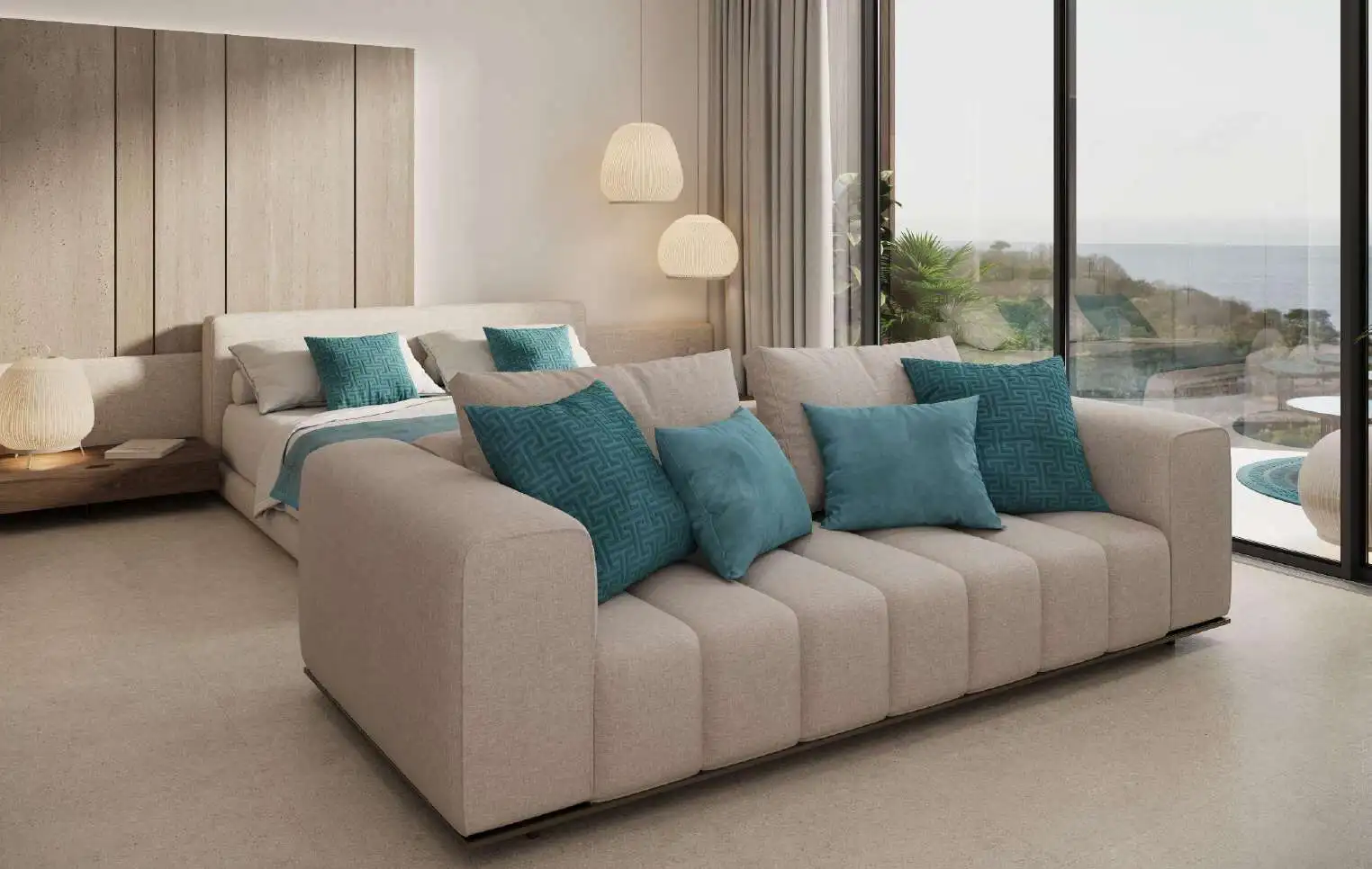 Spacious living area in Bali's Pandawa Dream Complex featuring a comfortable sofa and scenic ocean v.