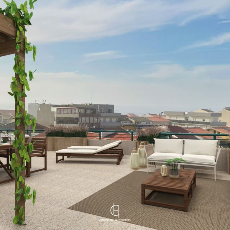 Spacious penthouse terrace with outdoor seating and city views in Vila do Conde Porto.