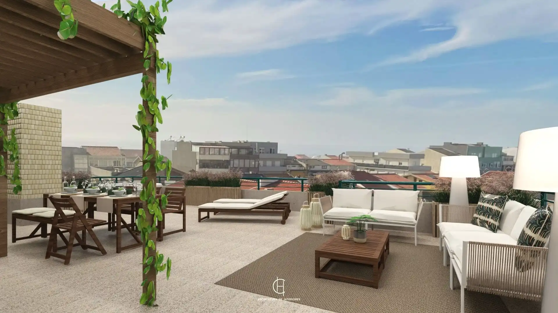 Spacious penthouse terrace with outdoor seating and city views in Vila do Conde Porto.